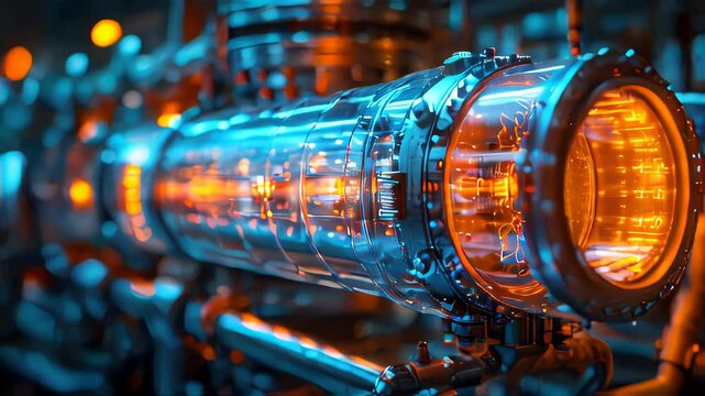 Industrial high tech transparent glowing translucent energy shell and tube heat exchangers with pipes futuristic with energy and fuel equipment in oil refinery