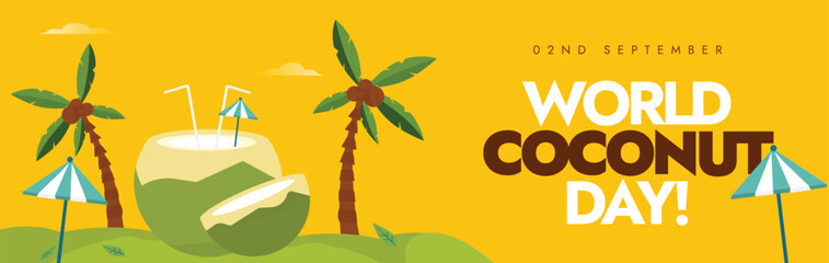 World Coconut day 2nd Sept celebration background, cover banner, social media post. Coconut day banner with green coconuts, its trees, beach umbrellas on yellow background. 