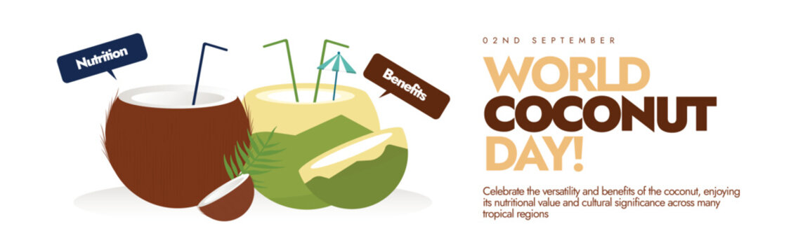 World Coconut Day. 2nd September Coconut day celebrations cover banner, post with green and brown coconuts. The day focuses on coconuts importance in various aspects of life. Conceptual banner.