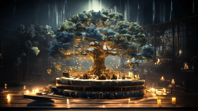 A glowing, high-tech tree in the shape of a human brain grows from a book. Concept of intelligence knowledge and education