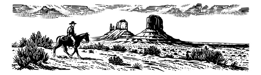 Fototapeta premium cowboy desert america engraving black and white outline