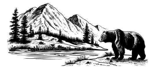 bear mountain landscape engraving black and white outline