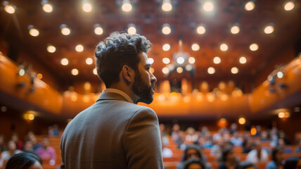 A Motivational Speaker Addresses a Large Audience in a Well-Lit Auditorium