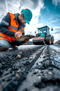 Construction Worker Reviews Road Roller on Sunny Day