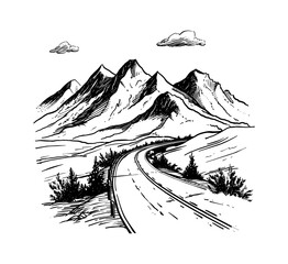 mountain road landscape engraving black and white outline