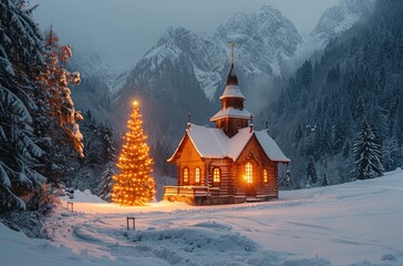 Illuminated Church and Christmas Tree in Snowy Mountain Valley at Twilight