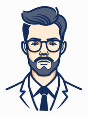 Obraz premium A man with a beard and glasses is wearing a suit and tie. He looks professional and serious