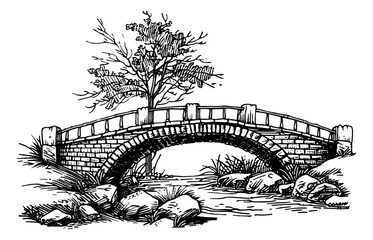 stone bridge engraving black and white outline