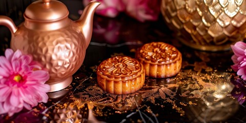 Fototapeta premium Chinese traditional holiday Mid autumn festival holiday background with mooncakes