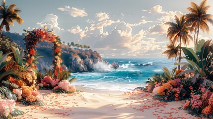 Wedding invitation featuring open area writing space left side scene show lovely seaside wedding wave crashing background decorated arch guest seated beach writing space includes weddingthemed