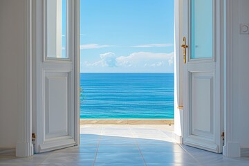 Fototapeta premium Open door with key to relaxation area in new apartment or hotel overlooking the sea. Terrace with panoramic sea views. Luxury vacation rental or buying overseas property on sea coast. Generative AI