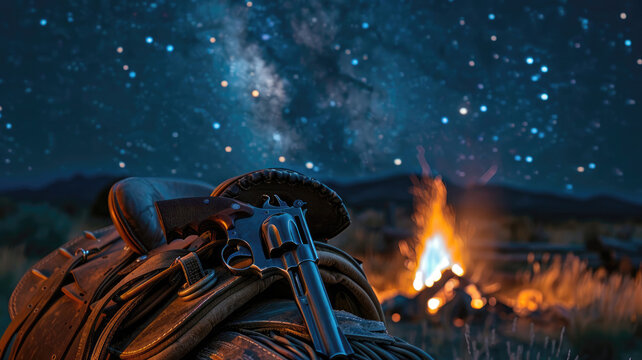 Nighttime campfire scene with revolver on saddle, under starry sky