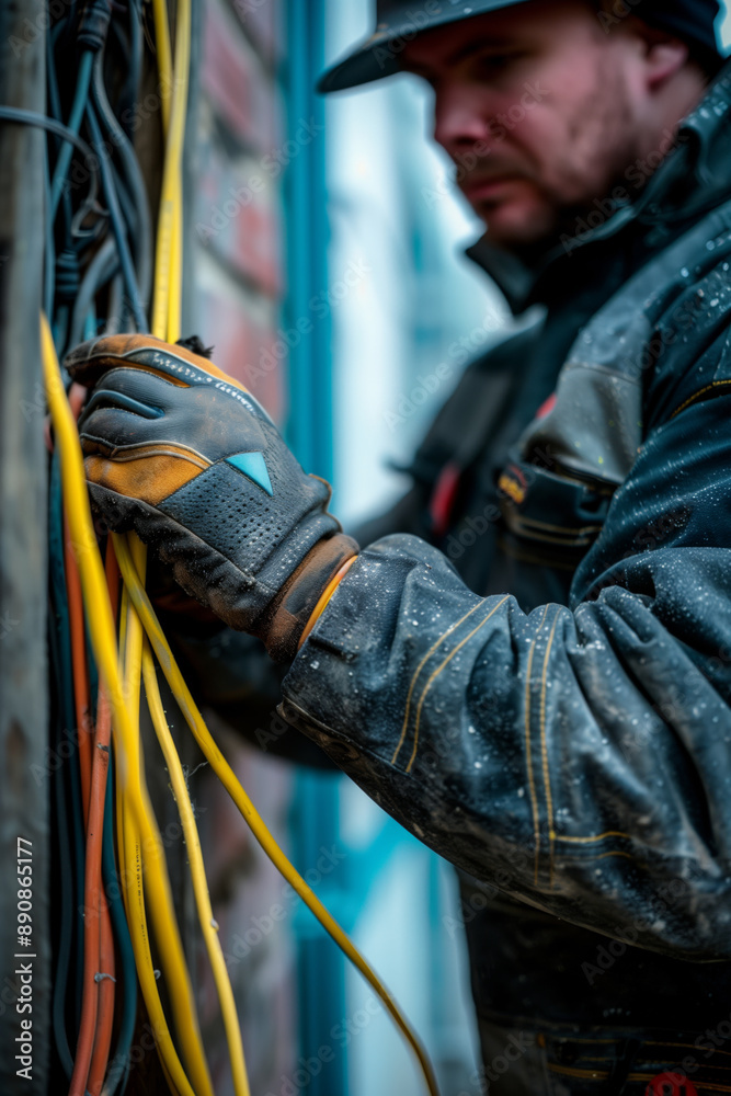 Poster a focused electrician works on a complex network of wires