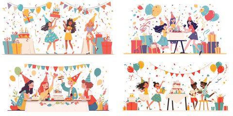 Obraz premium Vector illustration of friends celebrating a birthday party, ideal for festive backgrounds, wallpapers, and event invitations.