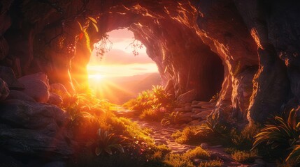 Sunrise Resurrection: Illuminated Empty Tomb Signifying Renewal and Hope in Jesus Christ's Triumph