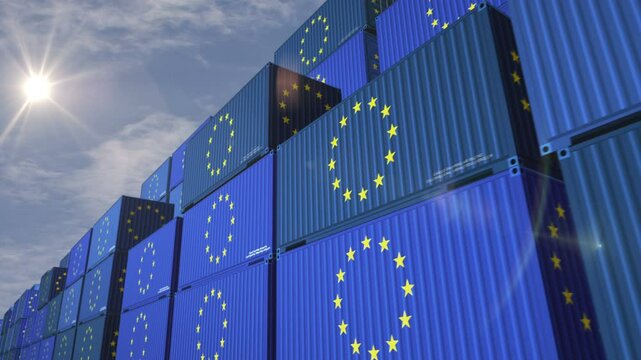EU export production and import cargo containers in row seamless and looping concept. European Union flag industrial shipping box 3d loop.