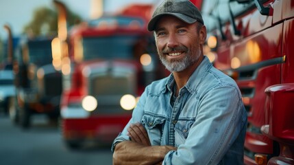  a confident male truck driver standing proudly in front of a blue semi-truck.