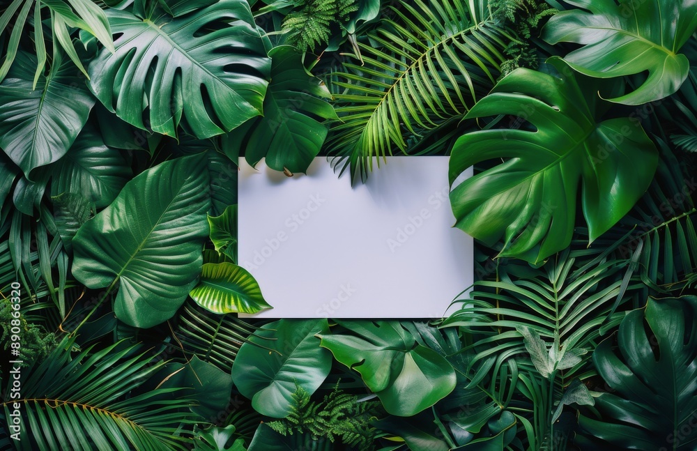 Wall mural White Card Surrounded By Lush Tropical Greenery