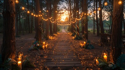 Enchanting wedding invitation showcasing an open area forest clearing with fairy lights and rustic decor with a writing space in the center for wedding wishes and event details