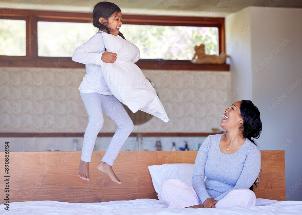 Poster Mom, girl and jump on bed in house for fun, development and bonding together with smile or laugh. Mother, child and game in bedroom for growth, wellness and care with pillow, happiness or playing