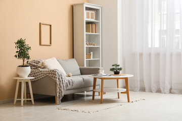 Comfortable sofa with plaid, cushions and coffee table with magazine and plant in living room