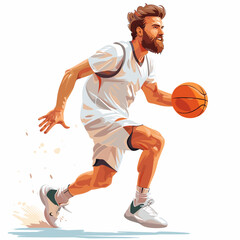 Naklejka premium A man in a white shirt and shorts is running with a basketball. He is the main focus of the image