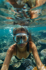 Naklejka premium Underwater Exploration: A Woman's Eyes Beneath the Waves of the Java Sea