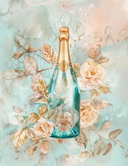 Romantic Pink Blue Pastel champagne Page l Luxury Floral Watercolor Vintage Design for Anniversary l Calm Misty Background Beautiful Art for Birthday Decoration l Dreamy Atmosphere Wedding Decor