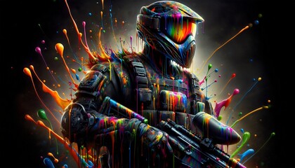 Epic Paintball Player Covered in Vibrant Ink with Splash Background