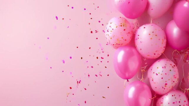 Pink festive birthday party background with balloons, confetti Party or birthday celebration copy space template