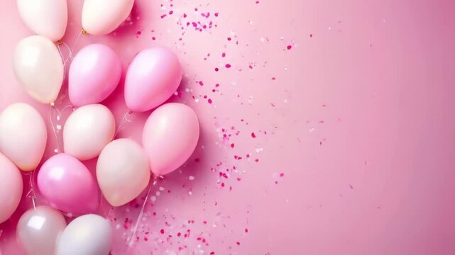 Pink festive birthday party background with balloons, confetti Party or birthday celebration copy space template