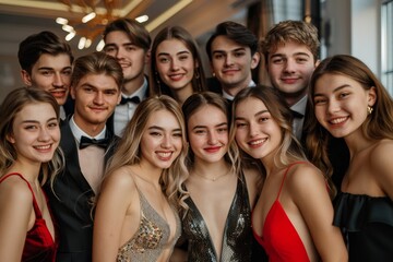 Obraz premium A company of happy young people in evening dresses and suits, smiling posing for camera. Party, graduation for students. Celebrating the new year, Generative AI