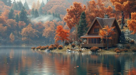 Autumn Cabin by a Misty Lake