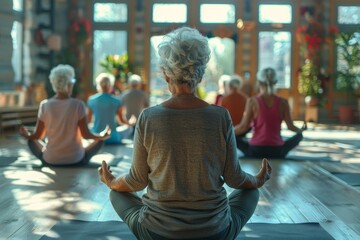 Group of active elderly people perform yoga together at a retreat center to improve their physical condition and well-being. Socialize with each other, active aging, Generative AI