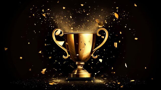 gold winners sports cup on a festive black background with confetti, symbol of the winner, holiday, sports competition, champions game, trophy