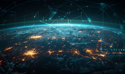 Obraz premium Connection lines around the Earth's surface, future technology backdrop with circles and lines. Internet, social media, travel, or logistical, Generative AI