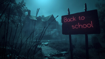Obraz premium The building of an abstract old abandoned school near which there is a sign with the inscription Back to school