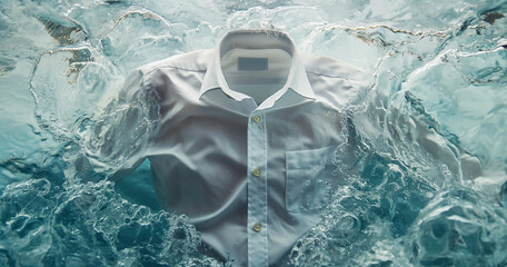 A crisp white shirt submerged in swirling water, symbolizing cleanliness, freshness, and the process of washing and caring for garments.