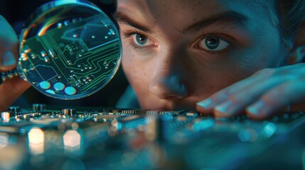 Close-up view of a young woman examining electronic components with a magnifying glass, showcasing intricate technology work.