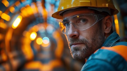 Fototapeta premium Male worker in hard hat and safety glasses, industrial setting with orange lighting, professional engineer portrait