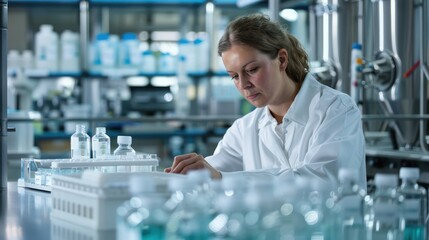 A female scientist in a lab coat carefully studies test samples in a modern scientific research laboratory.