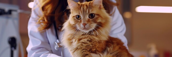 Veterinarian holding an orange cat in a clinic.