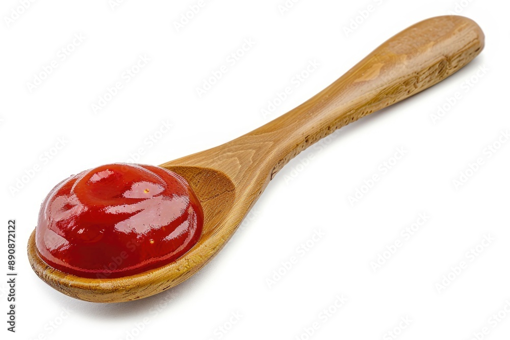 Poster a close-up of a wooden spoon with a dollop of ketchup on its surface