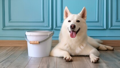 A white, cheerful dog with pointed ears, possibly a breed like a Siberian Husky, sitting on a wooden floor against a backdrop of blue-painted walls. Beside the dog is a white bucket