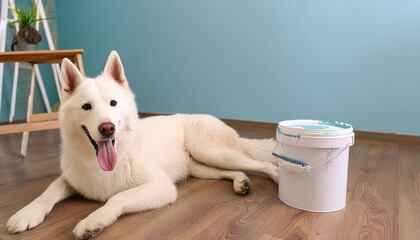 A white, cheerful dog with pointed ears, possibly a breed like a Siberian Husky, sitting on a wooden floor against a backdrop of blue-painted walls. Beside the dog is a white bucket