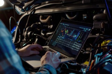 Auto diagnostics - mechanical technician employing laptop for car maintenance programming, integration of computer technology in vehicle service, emphasizing accuracy and modern repair methods
