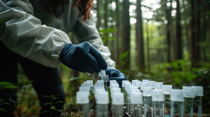 A scientist wearing protective gloves and gear collects samples from vials in a dense forest, focusing on the precision of the task at hand.