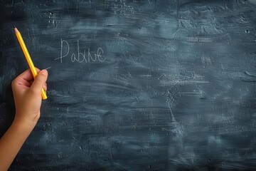 A hand holding a yellow pencil writes on a blank chalkboard.