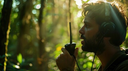 A researcher speaks into a radio in a sun-drenched woodland, highlighting the intersection of scientific research and natural environment.