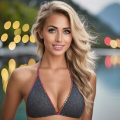 A woman with long, wavy blonde hair, wearing a metallic-gray bikini top. She has a confident and radiant expression on her face. The background is blurred with a bokeh effect, featuring golden lights,